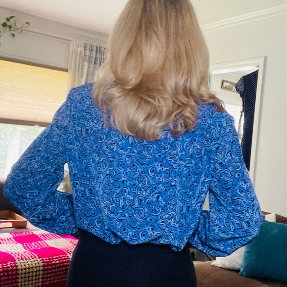 Pendleton Bow Tie detail Blue Pattern Print Secretary Blouse long sleeves - Picture 5 of 16